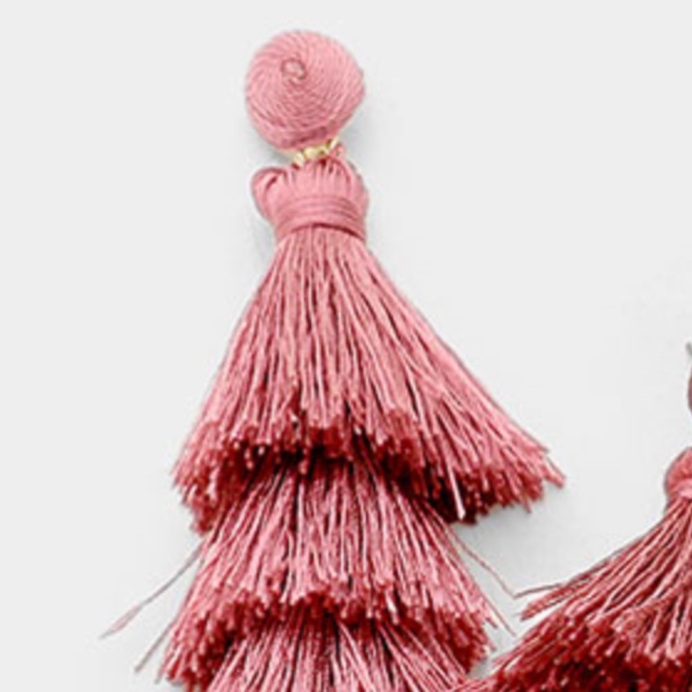 Naya Dusty Rose Tiered Tassel Statement Earrings - Picture 3 of 8